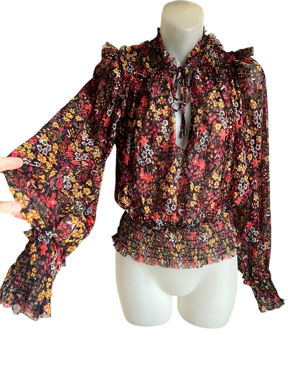 Free People Women Size L Twyla Top Floral Mesh Bell Sleeves Boho Peasant Blouse
